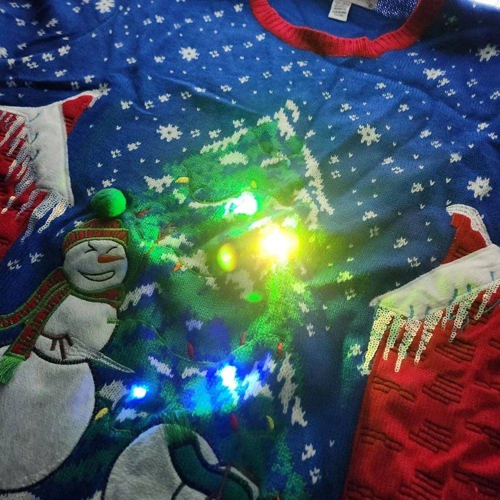 Jolly Sweaters Light Up Ugly Christmas Sweater Mens XXL Blue Snowman Sequin LED